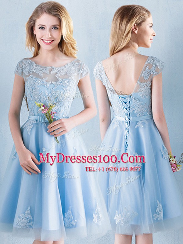 Scoop Short Sleeves Lace Up Knee Length Appliques and Bowknot Vestidos de Damas
