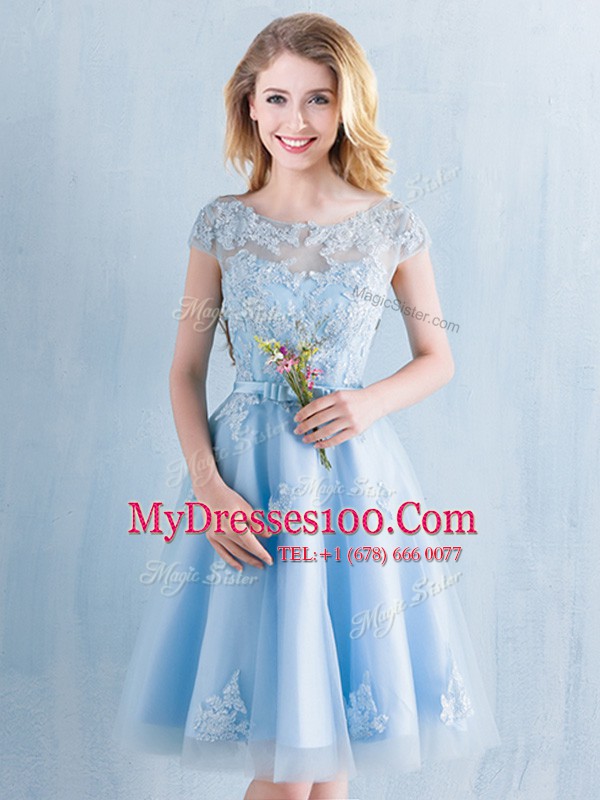 Scoop Short Sleeves Lace Up Knee Length Appliques and Bowknot Vestidos de Damas