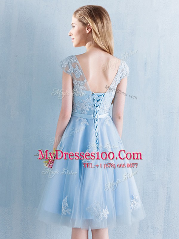 Scoop Short Sleeves Lace Up Knee Length Appliques and Bowknot Vestidos de Damas