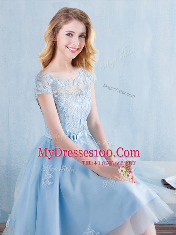 Scoop Short Sleeves Lace Up Knee Length Appliques and Bowknot Vestidos de Damas