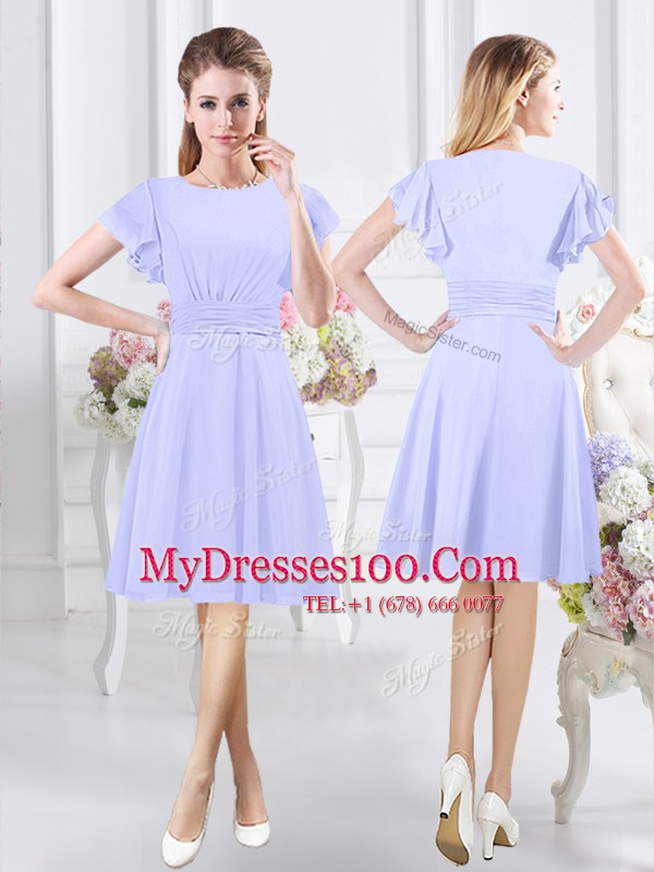 Glittering Lavender Side Zipper Scoop Ruching Wedding Guest Dresses Chiffon Short Sleeves