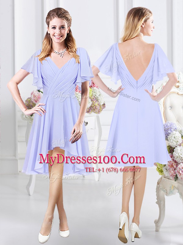 Glittering Lavender Side Zipper Scoop Ruching Wedding Guest Dresses Chiffon Short Sleeves