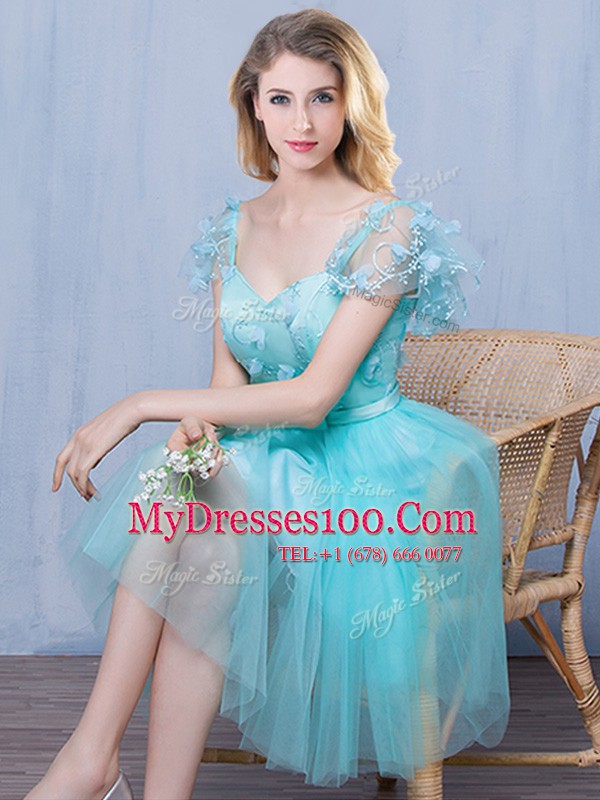 Great Aqua Blue Lace Up Dama Dress Lace and Appliques and Bowknot Short Sleeves Knee Length