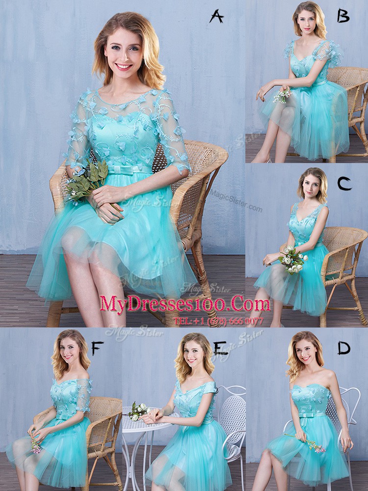 Great Aqua Blue Lace Up Dama Dress Lace and Appliques and Bowknot Short Sleeves Knee Length