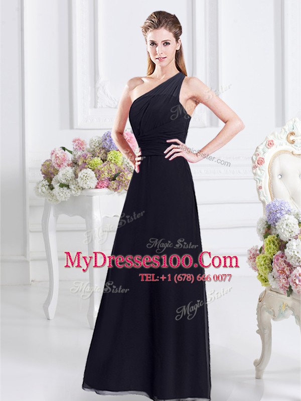 Glittering One Shoulder Navy Blue Side Zipper Bridesmaid Gown Ruching Sleeveless Floor Length