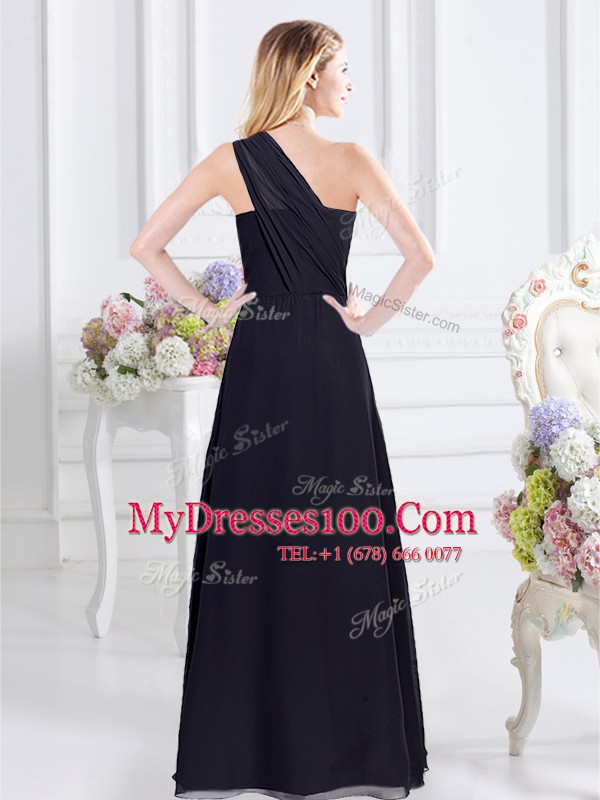 Glittering One Shoulder Navy Blue Side Zipper Bridesmaid Gown Ruching Sleeveless Floor Length