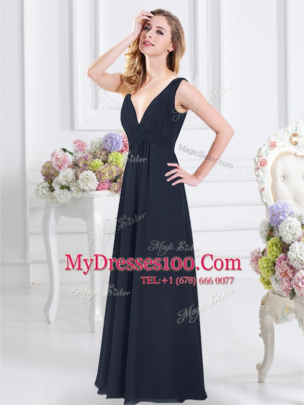 Shining Backless V-neck Sleeveless Damas Dress Floor Length Ruching Navy Blue Chiffon
