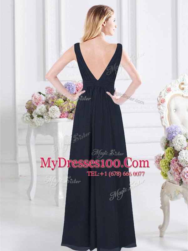 Shining Backless V-neck Sleeveless Damas Dress Floor Length Ruching Navy Blue Chiffon