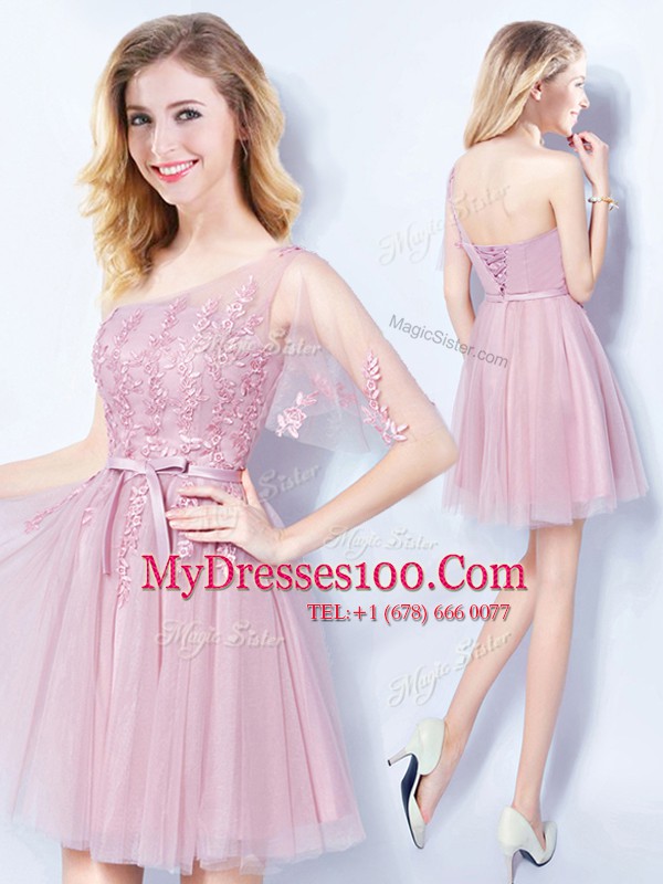Sleeveless Bridesmaid Dress Mini Length Appliques and Belt Pink Tulle