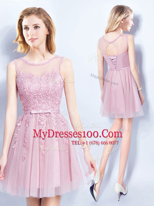 Sleeveless Bridesmaid Dress Mini Length Appliques and Belt Pink Tulle