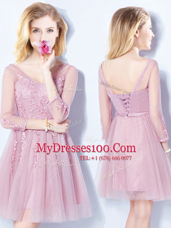Sleeveless Bridesmaid Dress Mini Length Appliques and Belt Pink Tulle