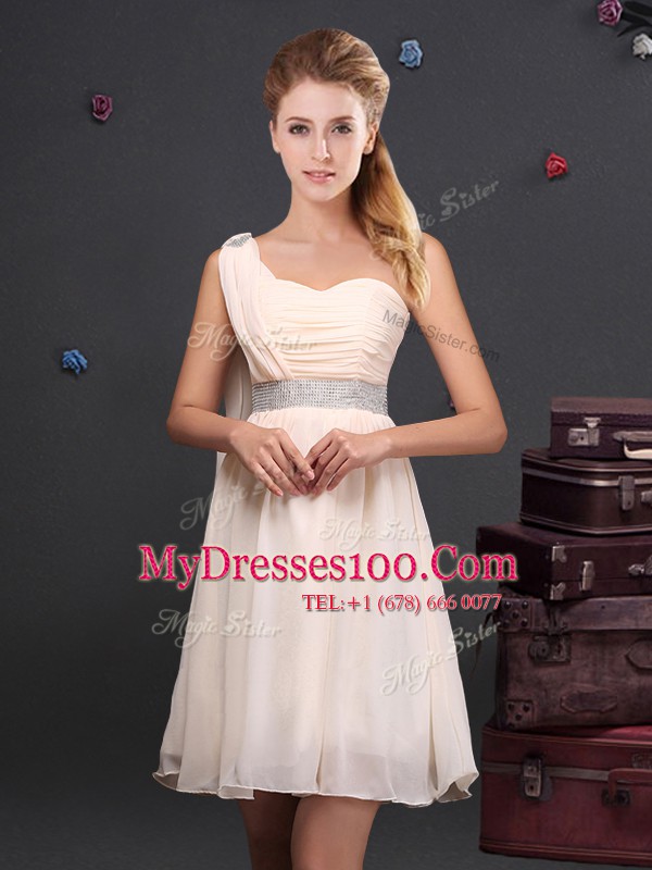 Inexpensive Chiffon One Shoulder Sleeveless Zipper Sequins and Ruching Quinceanera Dama Dress in Champagne