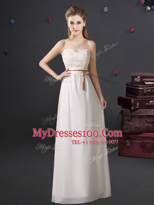 Chiffon Sleeveless Floor Length Bridesmaid Dress and Lace and Appliques and Belt
