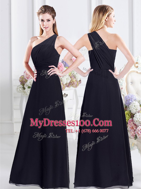 Navy Blue One Shoulder Side Zipper Ruching Wedding Guest Dresses Sleeveless