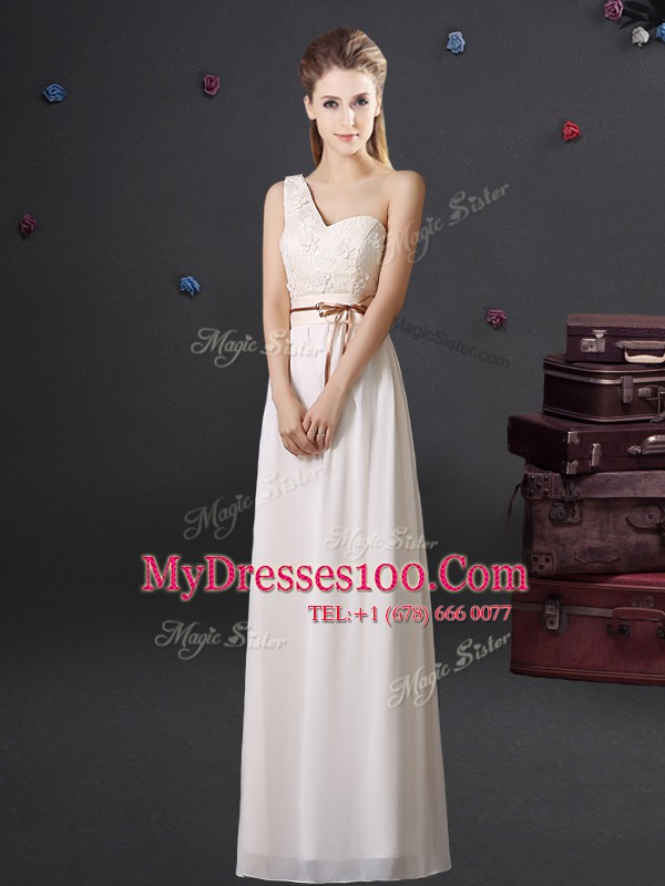 One Shoulder Sleeveless Lace Up Floor Length Lace and Appliques and Belt Bridesmaid Gown