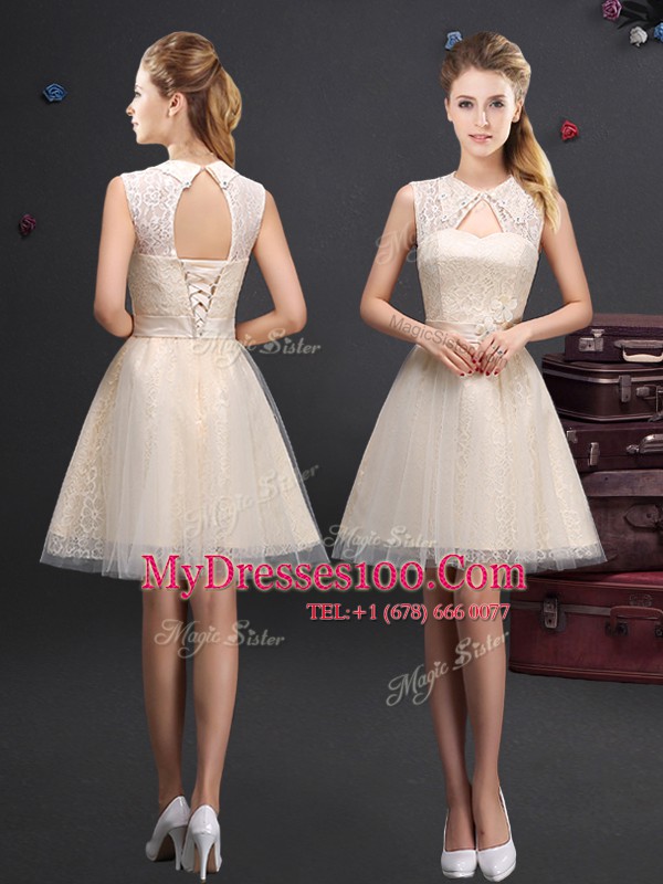 Modest Champagne Tulle Lace Up Wedding Guest Dresses Sleeveless Mini Length Lace and Appliques and Belt