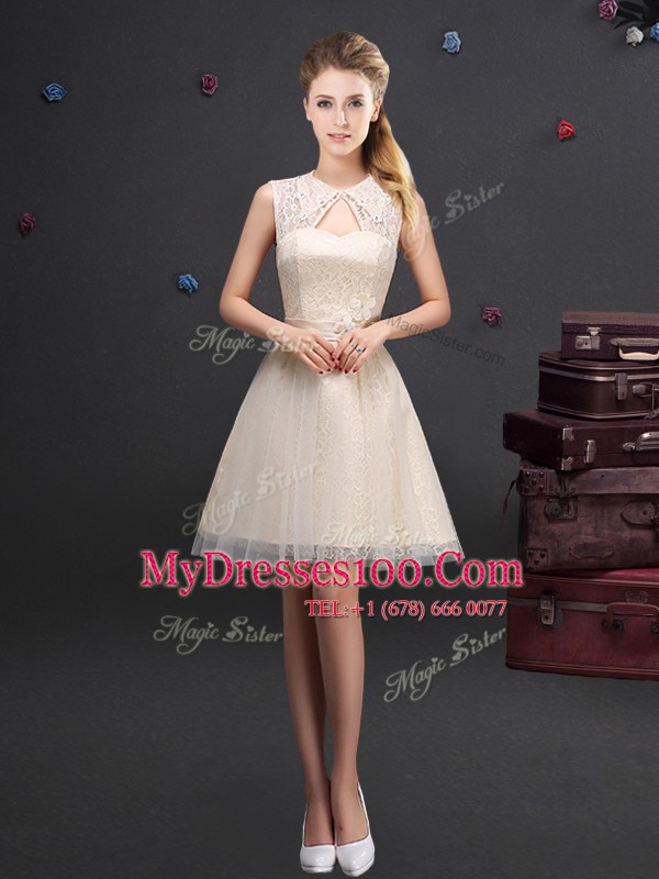Modest Champagne Tulle Lace Up Wedding Guest Dresses Sleeveless Mini Length Lace and Appliques and Belt