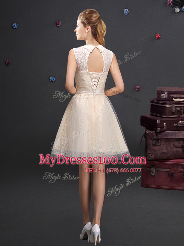 Modest Champagne Tulle Lace Up Wedding Guest Dresses Sleeveless Mini Length Lace and Appliques and Belt