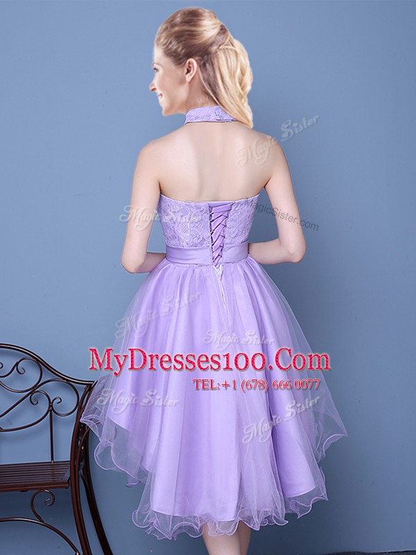 Lavender Sleeveless Taffeta and Tulle Lace Up Bridesmaid Dress for Prom and Party