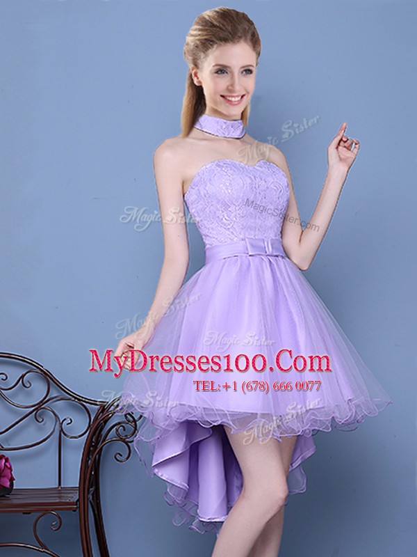 Lavender Sleeveless Taffeta and Tulle Lace Up Bridesmaid Dress for Prom and Party