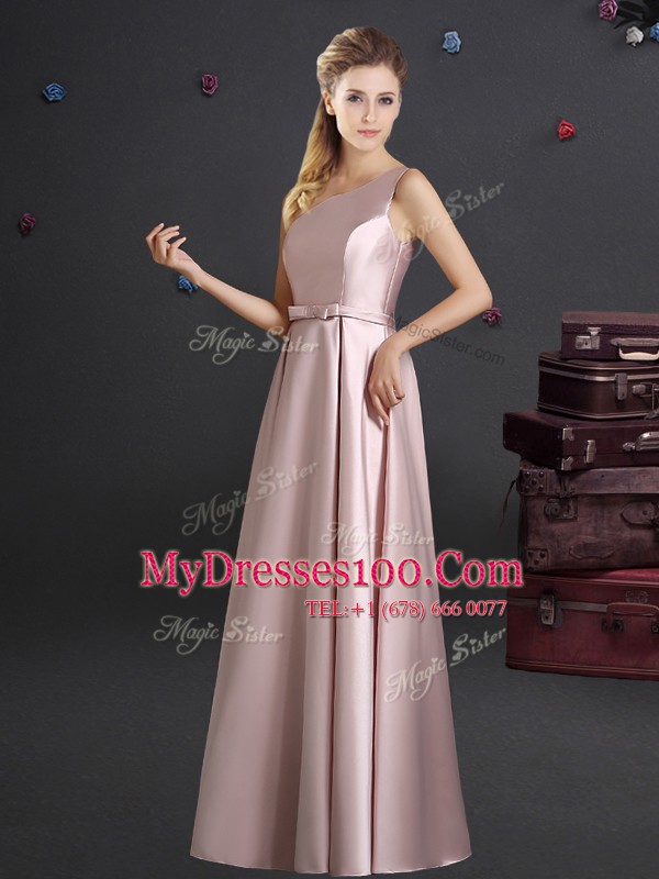 Sumptuous Pink Zipper One Shoulder Bowknot Bridesmaid Dress Elastic Woven Satin Sleeveless