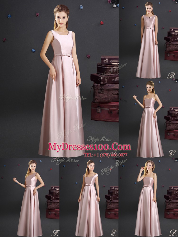 Sumptuous Pink Zipper One Shoulder Bowknot Bridesmaid Dress Elastic Woven Satin Sleeveless