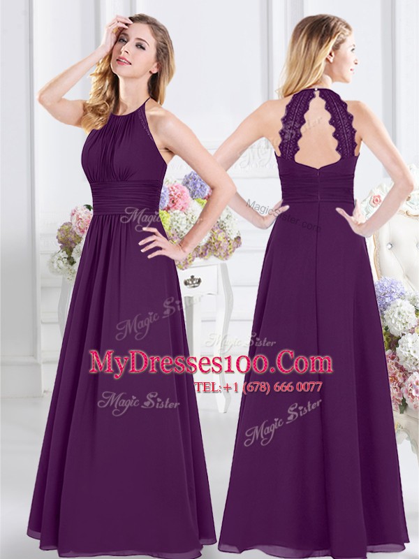 Great Halter Top Sleeveless Zipper Floor Length Ruching Bridesmaids Dress