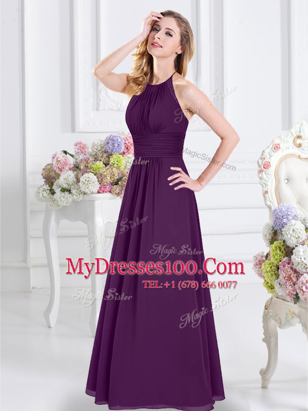 Great Halter Top Sleeveless Zipper Floor Length Ruching Bridesmaids Dress