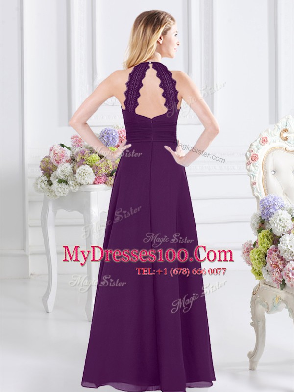 Great Halter Top Sleeveless Zipper Floor Length Ruching Bridesmaids Dress