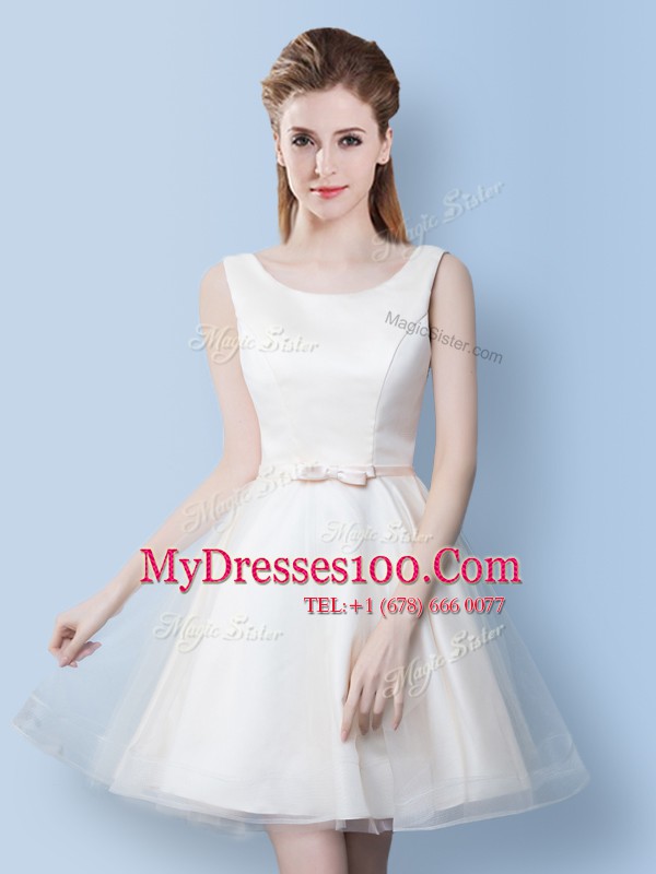 Suitable White Lace Up Scoop Lace and Bowknot Bridesmaids Dress Tulle Sleeveless
