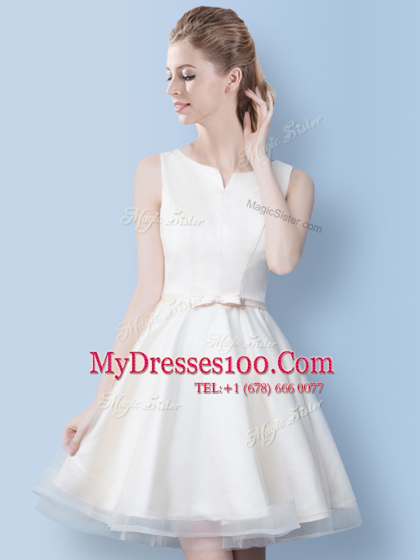 Suitable White Lace Up Scoop Lace and Bowknot Bridesmaids Dress Tulle Sleeveless