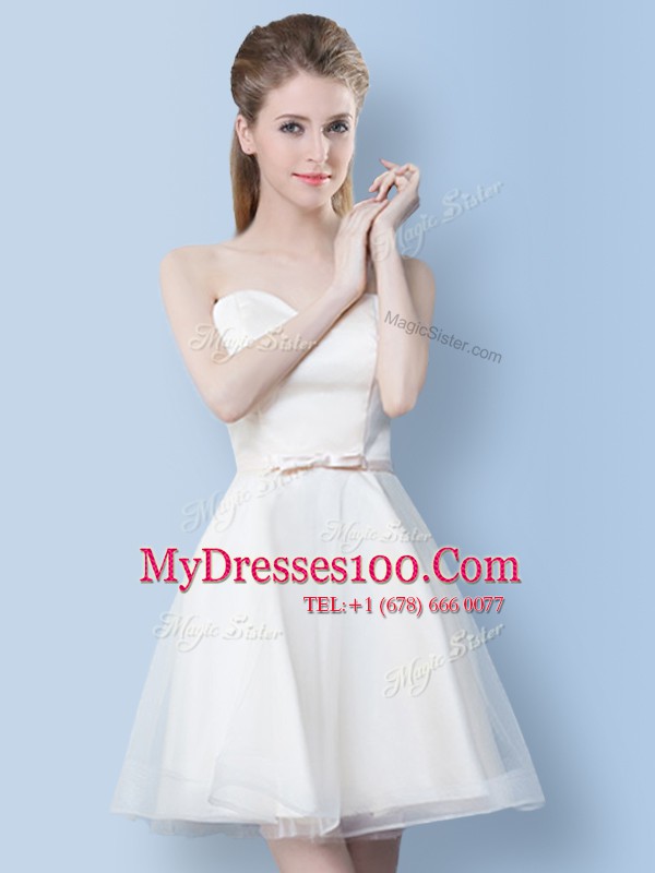 Suitable White Lace Up Scoop Lace and Bowknot Bridesmaids Dress Tulle Sleeveless
