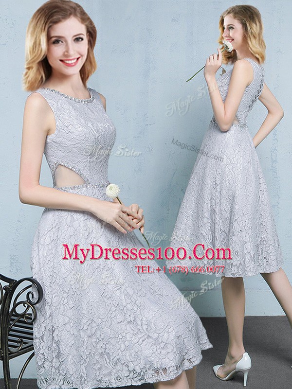 Fashionable Scoop Grey Empire Beading Dama Dress for Quinceanera Lace Up Lace Sleeveless Knee Length