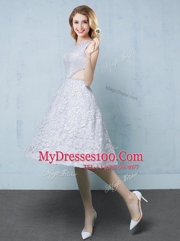 Fashionable Scoop Grey Empire Beading Dama Dress for Quinceanera Lace Up Lace Sleeveless Knee Length