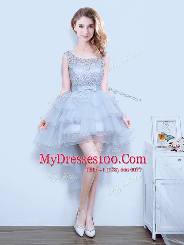 Ideal Scoop Mini Length Lace Up Wedding Party Dress Grey for Prom and Party and Wedding Party with Lace and Ruffles and Ruffled Layers and Bowknot