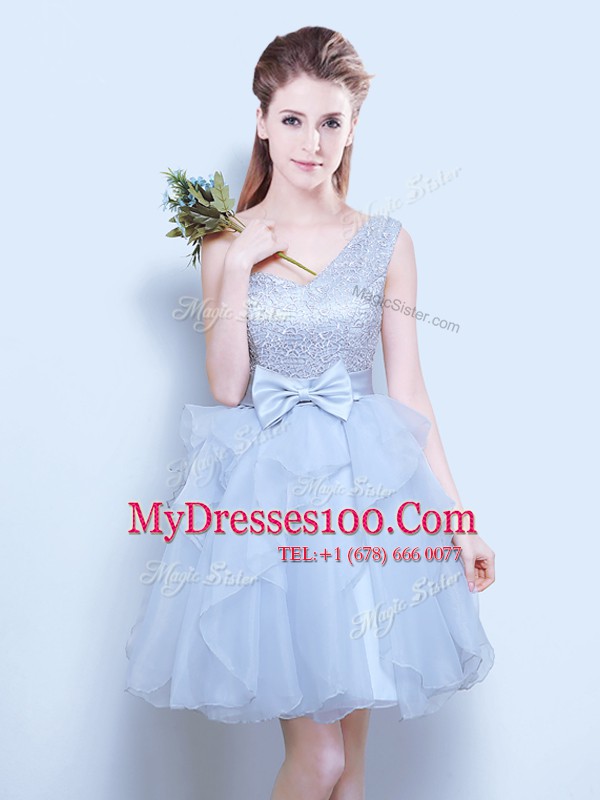 Ideal Scoop Mini Length Lace Up Wedding Party Dress Grey for Prom and Party and Wedding Party with Lace and Ruffles and Ruffled Layers and Bowknot