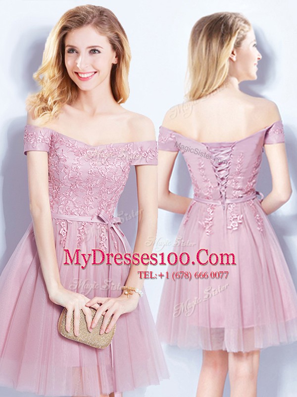 Customized Off the Shoulder Pink Lace Up Quinceanera Court of Honor Dress Appliques and Belt Sleeveless Mini Length