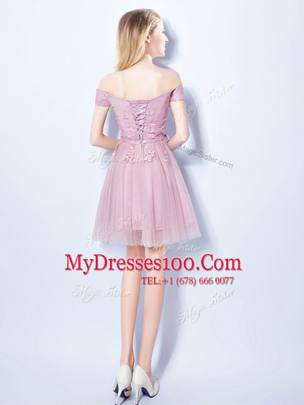 Customized Off the Shoulder Pink Lace Up Quinceanera Court of Honor Dress Appliques and Belt Sleeveless Mini Length