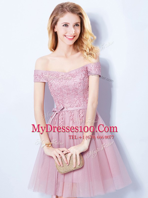 Customized Off the Shoulder Pink Lace Up Quinceanera Court of Honor Dress Appliques and Belt Sleeveless Mini Length