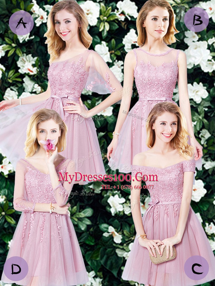 Customized Off the Shoulder Pink Lace Up Quinceanera Court of Honor Dress Appliques and Belt Sleeveless Mini Length