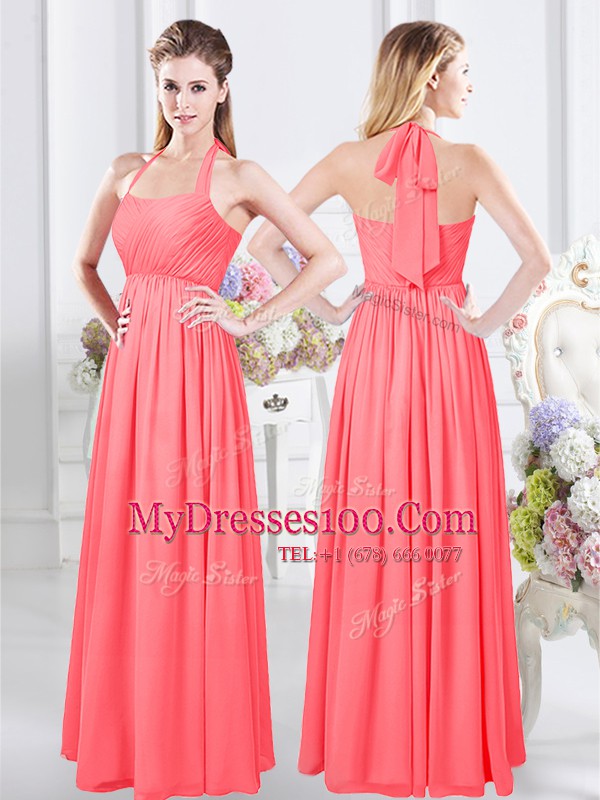 Exceptional Halter Top Chiffon Sleeveless Floor Length Bridesmaids Dress and Ruching