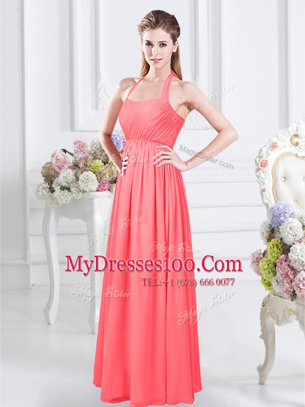 Exceptional Halter Top Chiffon Sleeveless Floor Length Bridesmaids Dress and Ruching