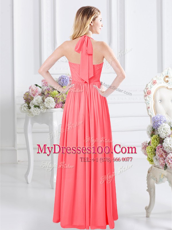 Exceptional Halter Top Chiffon Sleeveless Floor Length Bridesmaids Dress and Ruching