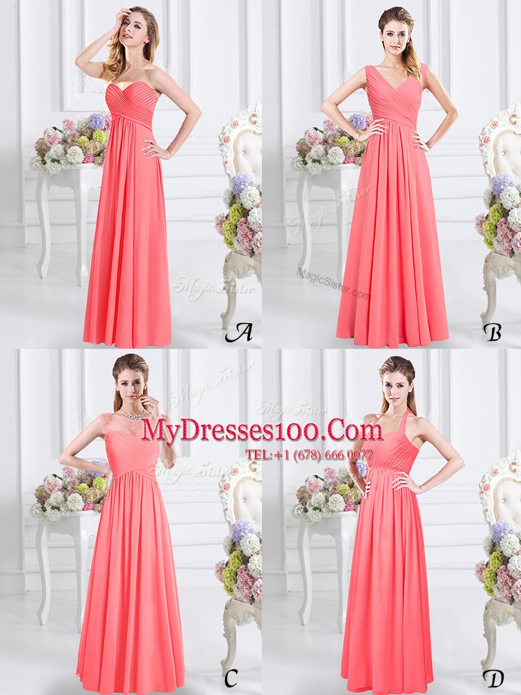 Exceptional Halter Top Chiffon Sleeveless Floor Length Bridesmaids Dress and Ruching