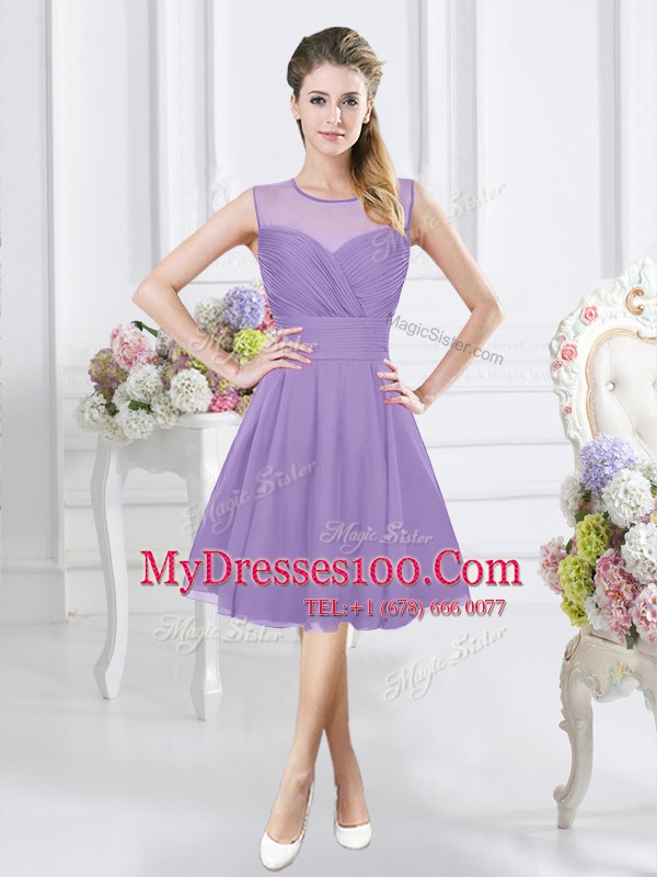Wonderful Scoop Sleeveless Knee Length Ruching Zipper Wedding Party Dress with Lavender