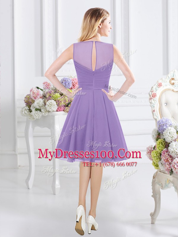 Wonderful Scoop Sleeveless Knee Length Ruching Zipper Wedding Party Dress with Lavender