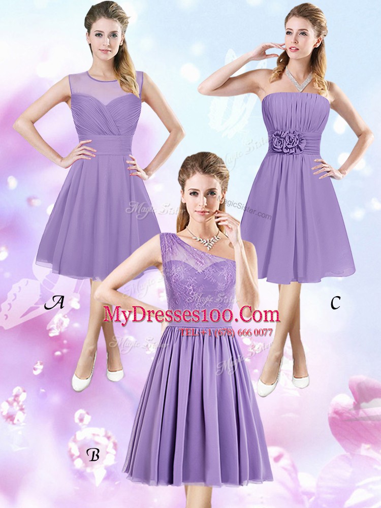 Wonderful Scoop Sleeveless Knee Length Ruching Zipper Wedding Party Dress with Lavender