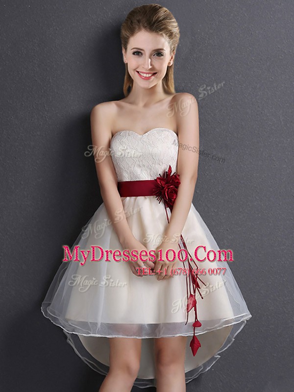 Fantastic High Low Lace Up Bridesmaid Dresses Champagne for Prom and Party and Wedding Party with Lace and Hand Made Flower