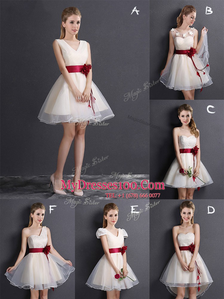 Fantastic High Low Lace Up Bridesmaid Dresses Champagne for Prom and Party and Wedding Party with Lace and Hand Made Flower