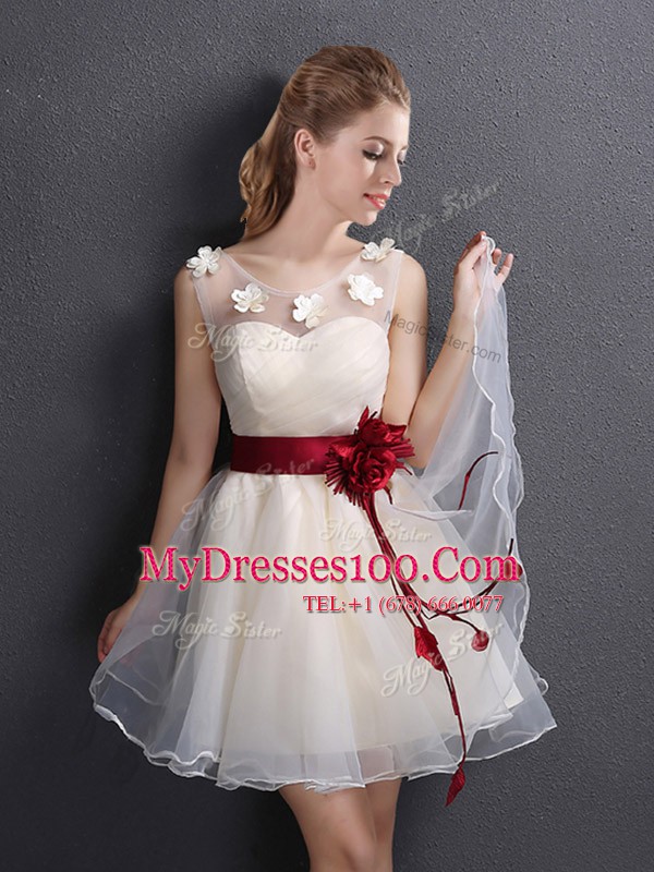 Champagne A-line Organza V-neck Sleeveless Lace and Appliques and Hand Made Flower Mini Length Lace Up Bridesmaid Dresses
